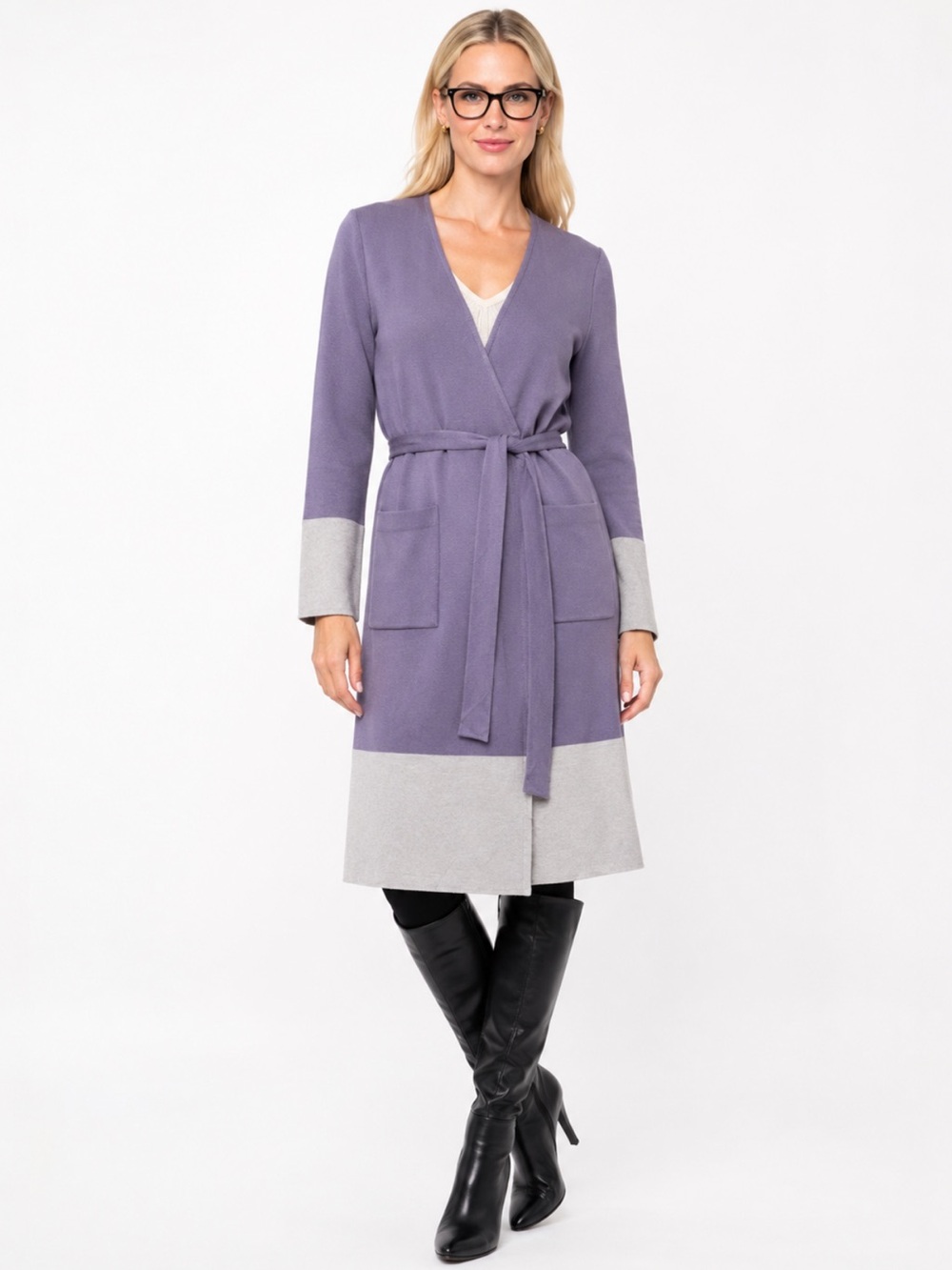 St. John Lavender Grey Wool Blend Long Cardigan Sweater Coat Belted Size 8
